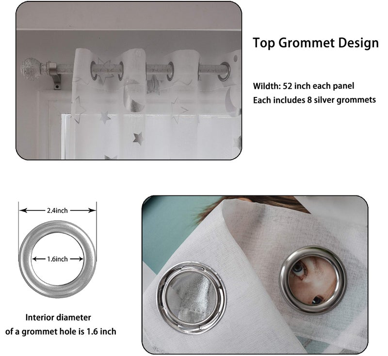 SEEKRIGHT Twinkle Moon Curtains Sheer Silver for Baby Nursey Room - Grommet Star and Moon Lace Curtains for Living Room 84 Inch Length, Set 2 Panels - Image 4